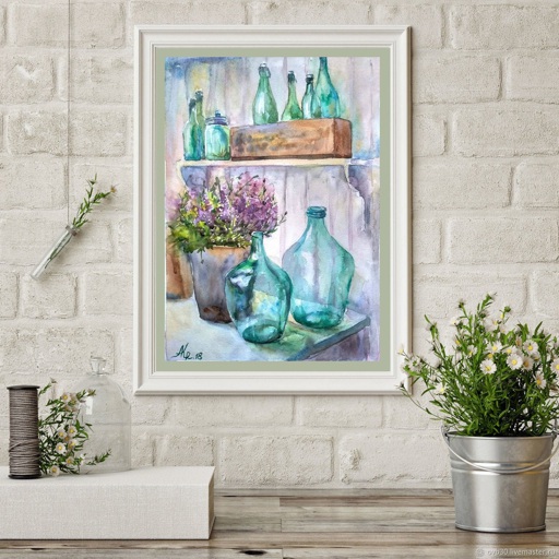 Still life with Lavender, Green bottles watercolor, Floral | Online ...